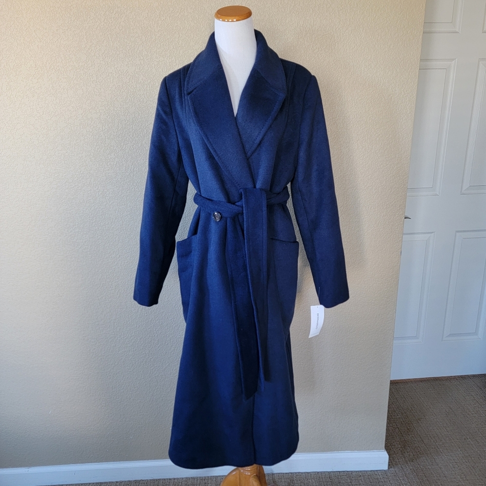 New Bernardo Belted Wool-Blend Longline Coat In Deep Navy, Size L